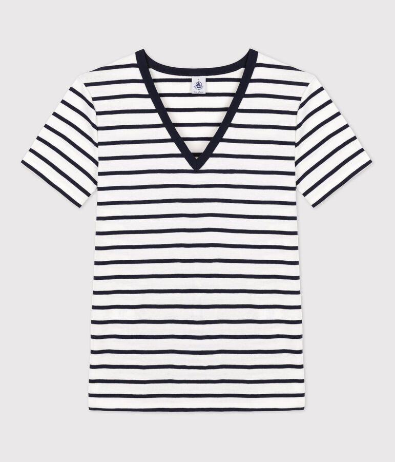 T-Shirt L&rsquo;ICONIQUE aus Baumwolle mit V-Ausschnitt f&uuml;r Damen weiss/blau