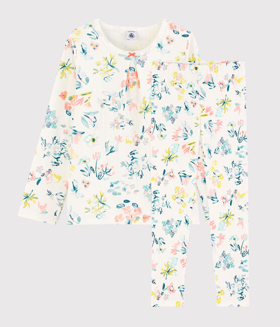 Kinderpyjama aus Doppeljersey mit Frühlingsblumenmotiv für Mädchen weiss MARSHMALLOW/weiss MULTICO
