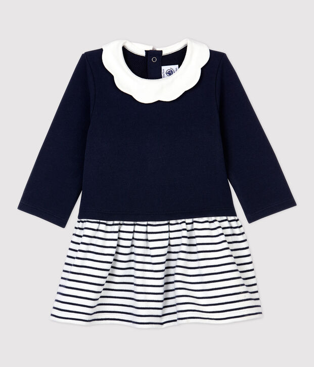 Baby-Kleid aus Molton f&uuml;r M&auml;dchen weiss/blau