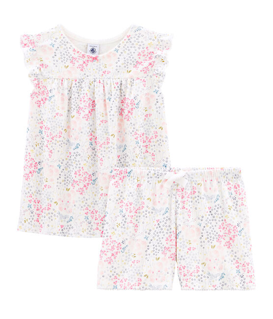 Rippstrick-Kurzpyjama für kleine Mädchen weiss MARSHMALLOW/weiss MULTICO