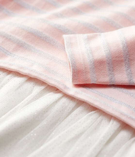 Langärmeliges Kinderkleid aus Baumwolle und Tüll für Mädchen rosa MINOIS/ MARSHMALLOW ARGENT BRILLANT