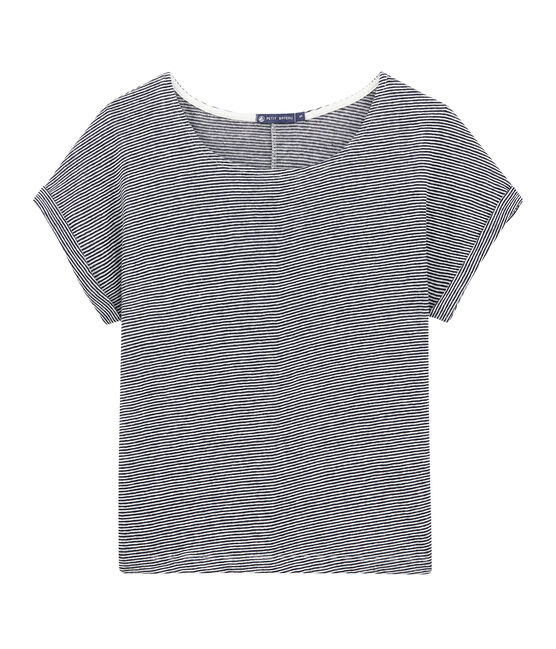 Damen-T-Shirt aus Leinen im Milleraies-Ringelmuster blau SMOKING/weiss LAIT