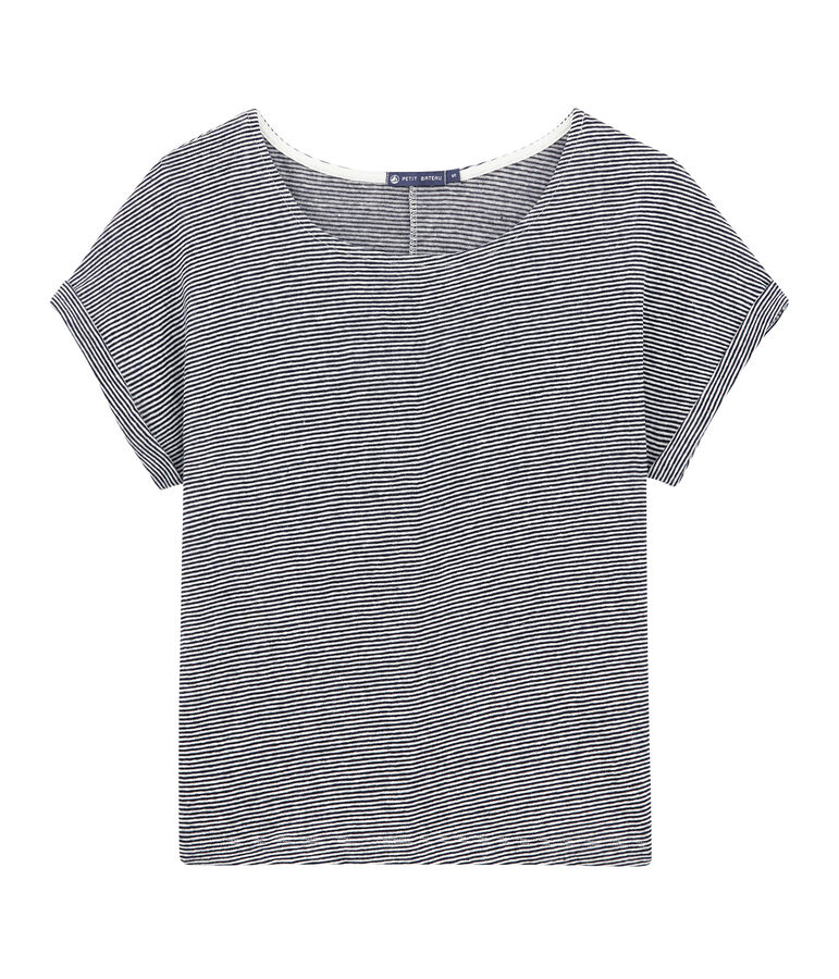 Damen-T-Shirt aus Leinen im Milleraies-Ringelmuster blau/weiss