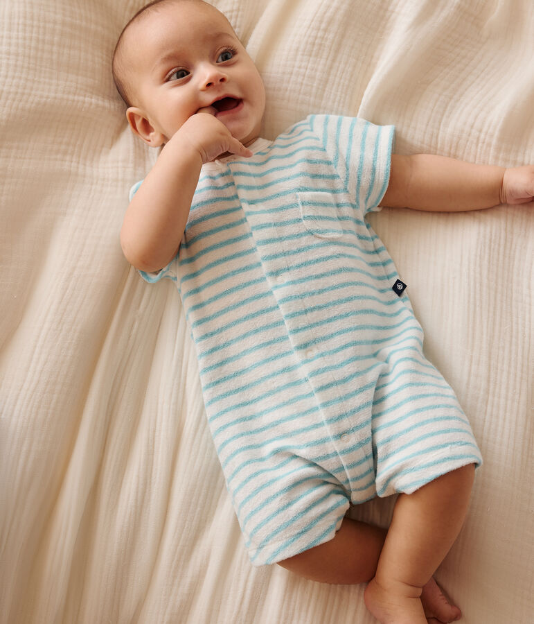 Baby-Kurzoverall aus gestreiftem Baumwoll-Frottee weiss/blau