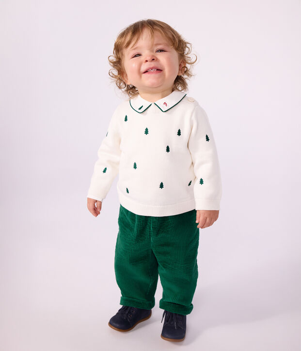 Baby-Pullover aus Wolle und Baumwolle mit bestickten Tannenb&auml;umen naturfarben/gr&uuml;n