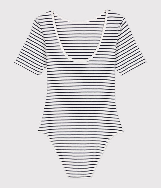 Kurzärmeliger gestreifter Damen-Body aus Baumwolle mit Elastan weiss MARSHMALLOW/blau SMOKING