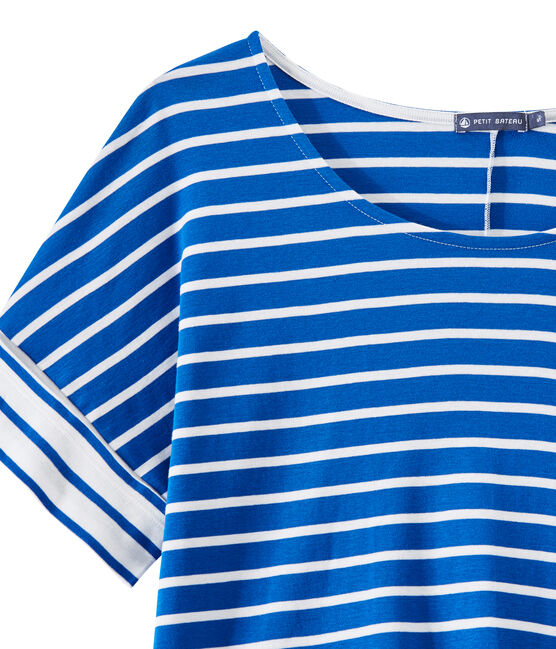 Überschnittenes Damen-T-Shirt mit Streifenmuster blau PERSE/weiss MARSHMALLOW