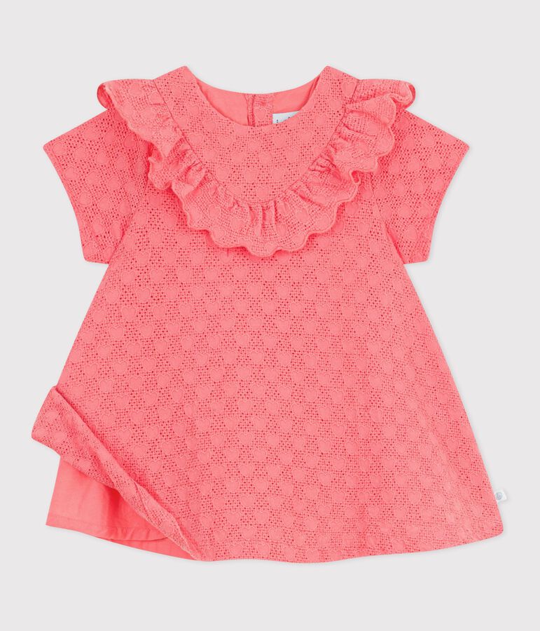 Kurz&auml;rmeliges Baby-Kleid aus Lochspitze mit Herzmotiven rosa
