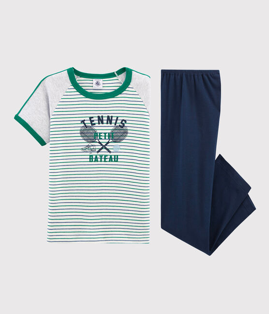 Kurzärmeliger Rippstrick-Pyjama für kleine Jungen weiss MARSHMALLOW/weiss MULTICO