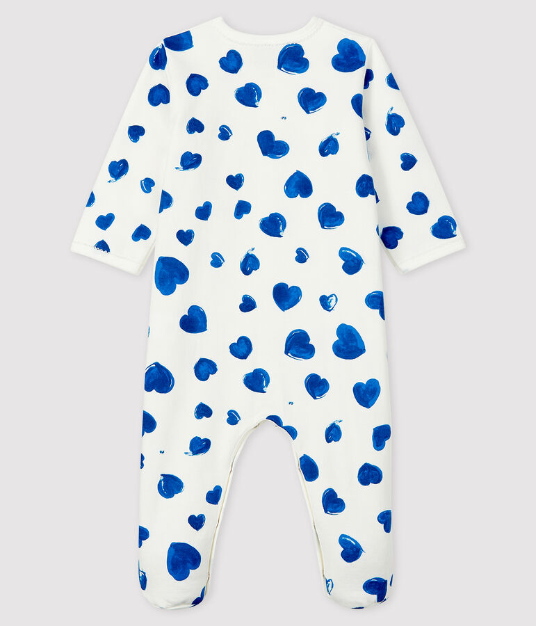 Baby-Strampler aus Molton mit blauen Herzen f&uuml;r M&auml;dchen weiss MARSHMALLOW/weiss MULTICO