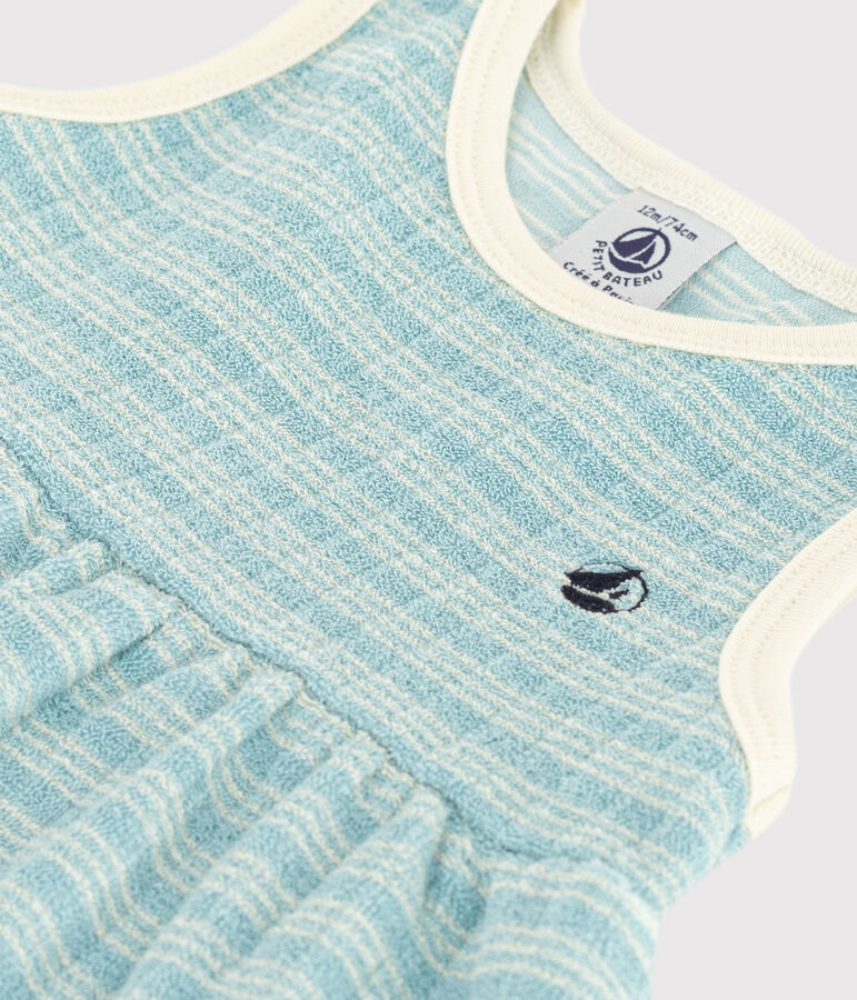 &Auml;rmelloses Baby-Kleid aus gestreiftem Frottee gr&uuml;n/naturfarben