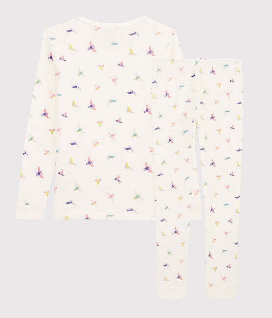 Snugfit-Kinderpyjama aus Rippstrick mit Vogelmotiv für Mädchen weiss MARSHMALLOW/weiss MULTICO