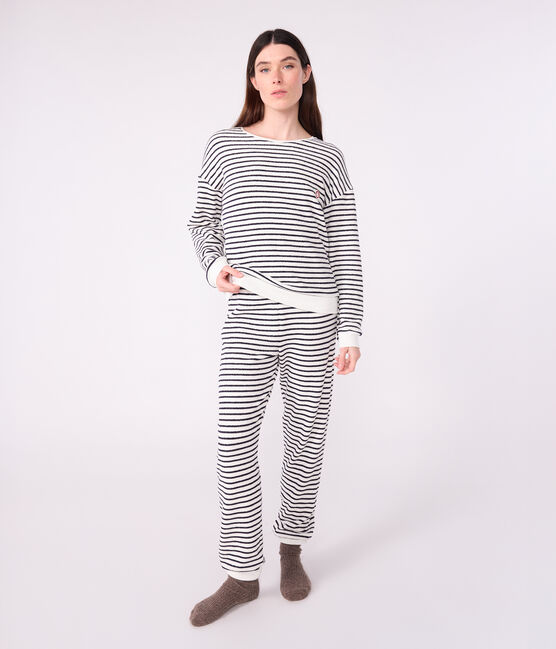 Damen-Pyjama aus Baumwoll-Frottee mit Streifen blau MILK/ SOIR