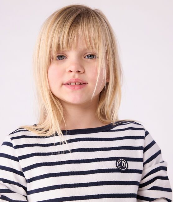 Kinder-Matrosenshirt aus Bio-Baumwolle weiss MARSHMALLOW/blau SMOKING