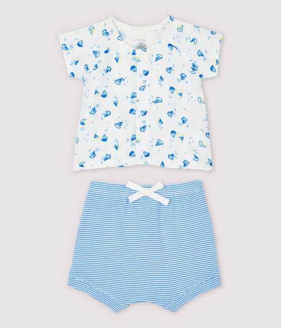 Zweiteiliges Baby-Set aus Bio-Baumwoll-Windelstoff in Blau weiss MARSHMALLOW/weiss MULTICO
