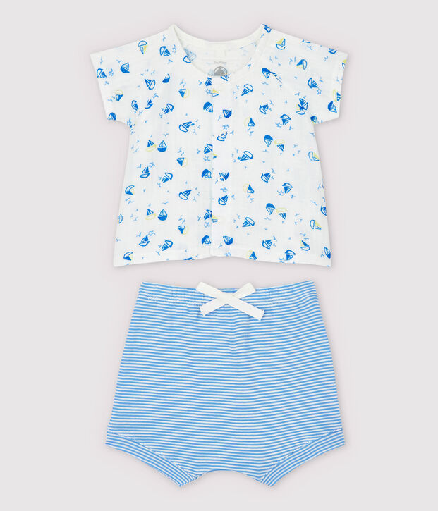 Zweiteiliges Baby-Set aus Bio-Baumwoll-Windelstoff in Blau weiss/vielfarbig