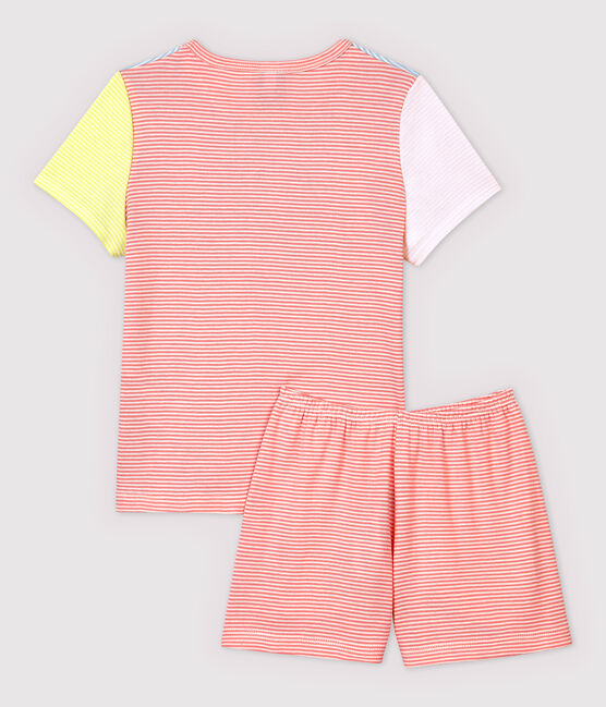 Kinder-Kurzpyjama aus Baumwolle mit bunten Milleraies-Streifen für Mädchen blau JASMIN/weiss MULTICO
