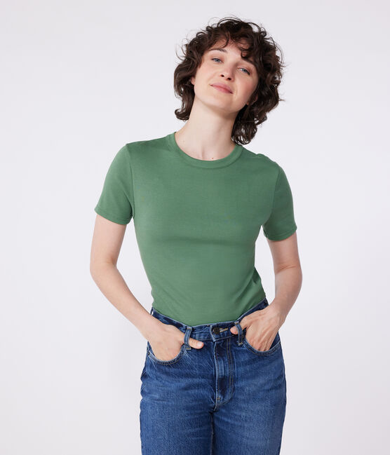 Kurzärmeliges Damen-T-Shirt aus Leinen grün PALMERAIE
