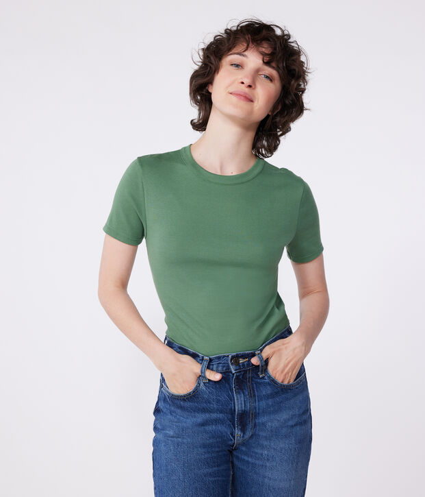 Kurz&auml;rmeliges Damen-T-Shirt aus Leinen gr&uuml;n