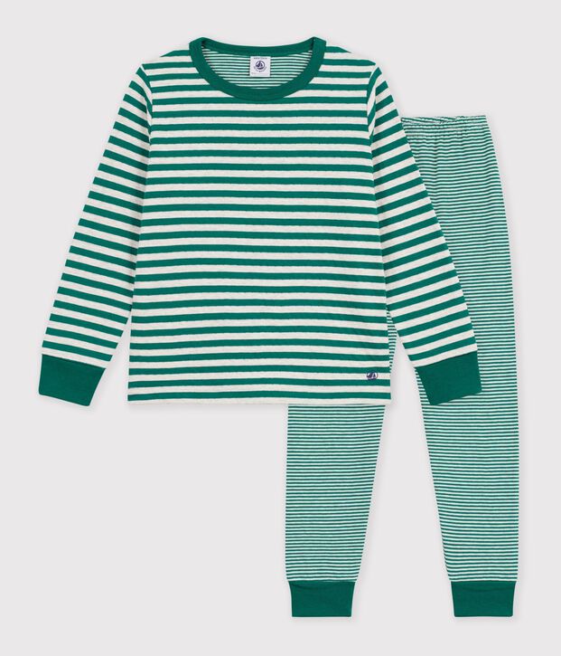 Kinder-Pyjama aus Doppeljersey mit Streifen gr&uuml;n/beige