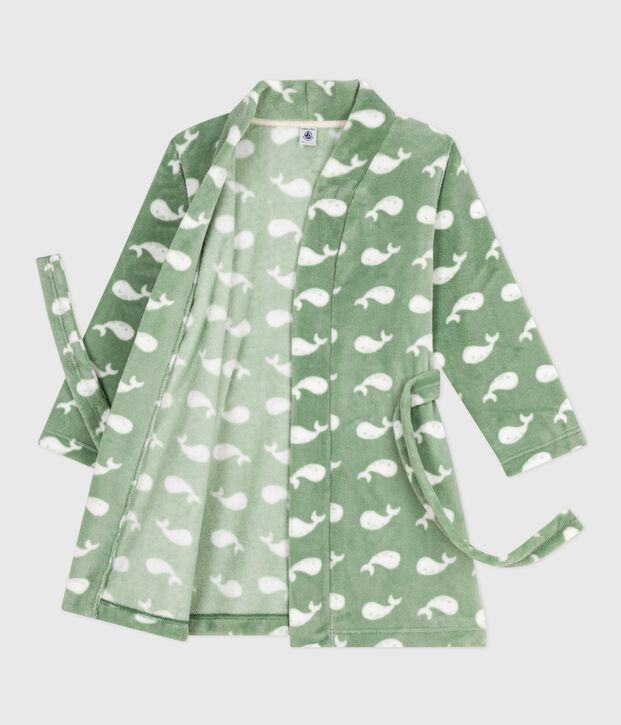 Kinder-Morgenmantel aus Fleece mit Muster gr&uuml;n/weiss
