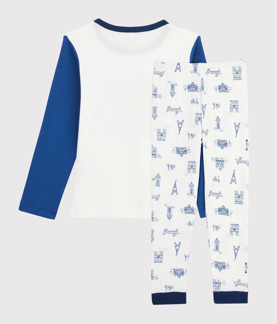 Kinderpyjama aus Rippstrick mit Paris-Aufdruck für Jungen weiss MARSHMALLOW/blau BLEU/ MULTICO