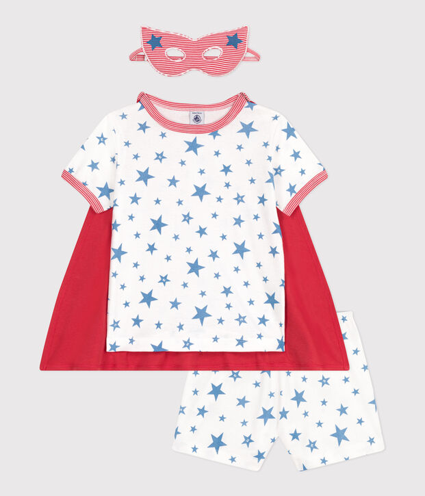 Kinder-Kurzpyjama zum Verkleiden aus phoshoreszierender Baumwolle mit Cape weiss/vielfarbig