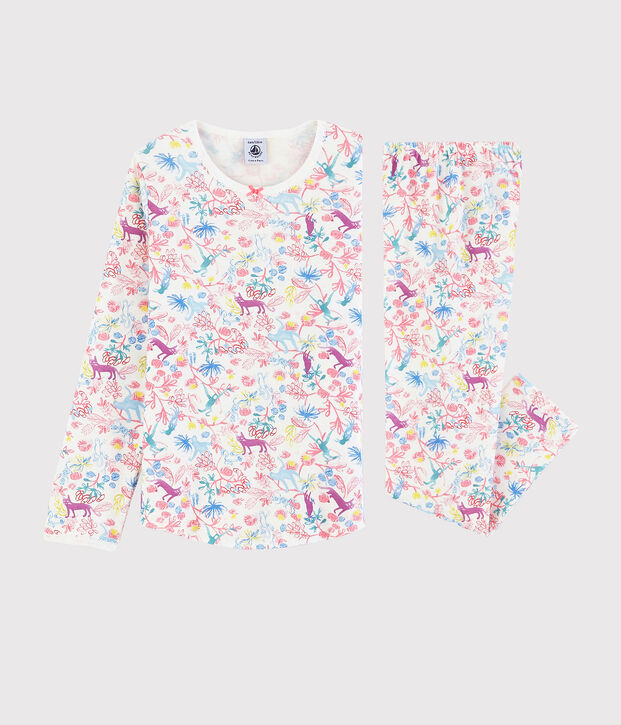 Kinderpyjama aus Baumwolle mit Dschungelmotiv f&uuml;r M&auml;dchen weiss/vielfarbig