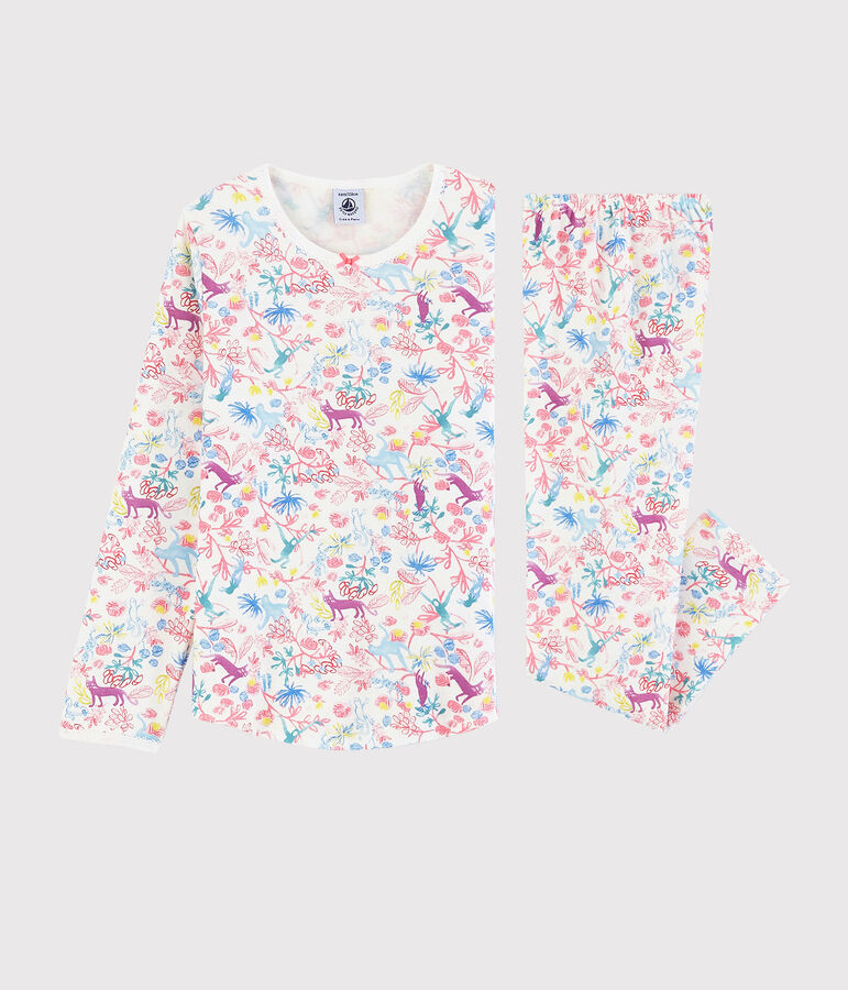 Kinderpyjama aus Baumwolle mit Dschungelmotiv f&uuml;r M&auml;dchen weiss/vielfarbig