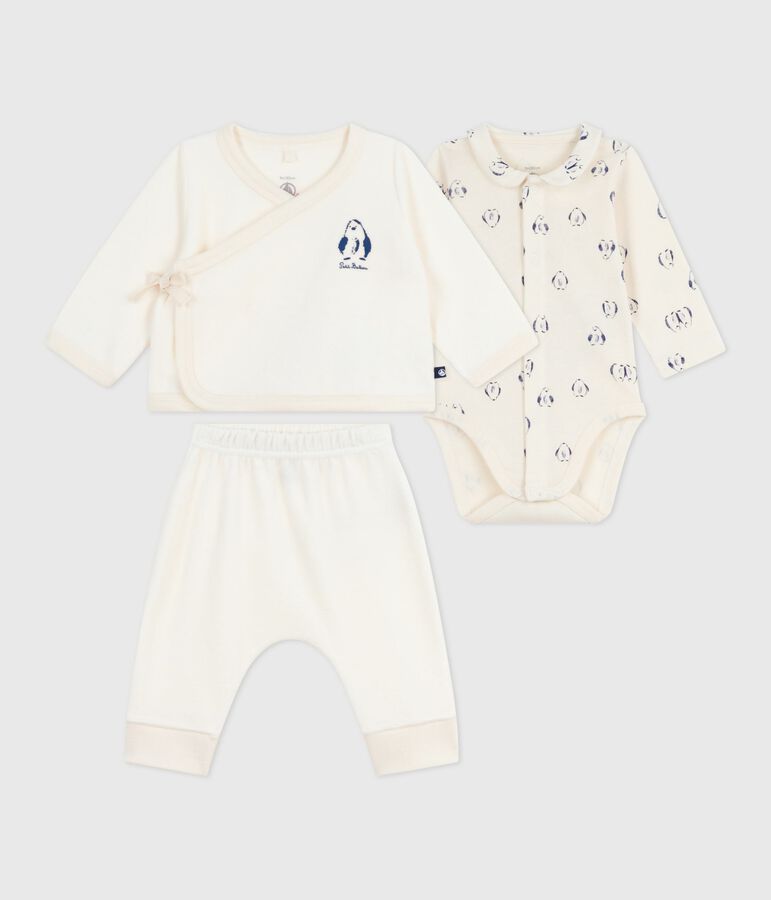 3-teiliges Baby-Set mit Wickeljacke und dazu passendem Body mit Pinguin-Motiv naturfarben