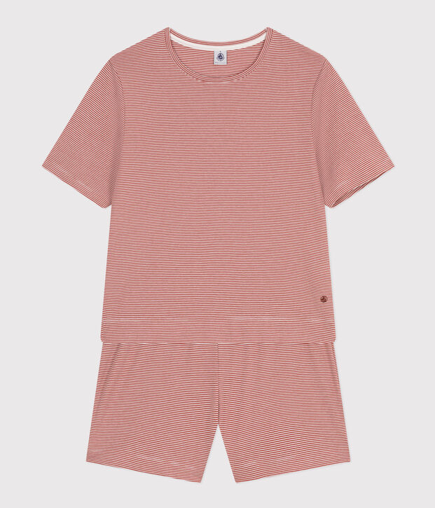 Damen-Pyjama bestehend aus kurzer Hose und T-Shirt aus gestreifter Baumwolle braun/weiss