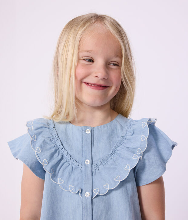 Kurz&auml;rmelige Kinder-Bluse aus einfarbiger Baumwolle blau