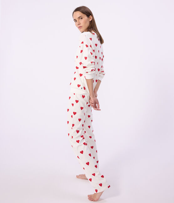 Damen-Pyjama aus Baumwolle mit Herzmotiv weiss MARSHMALLOW/rot TERKUIT