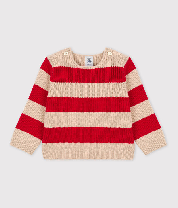 Babypullover aus Woll und Baumwollstrick beige/rot