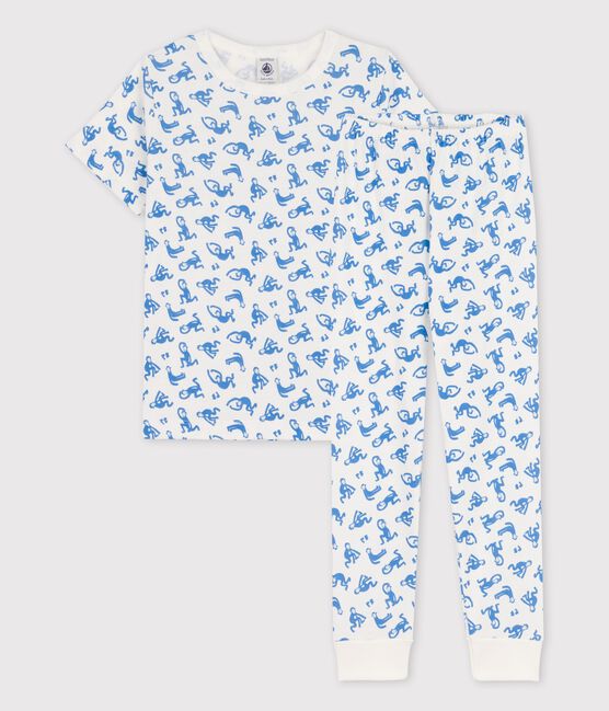 Kurzärmeliger Kinderpyjama aus Baumwolle mit Äffchen für Jungen weiss MARSHMALLOW/blau BRASIER