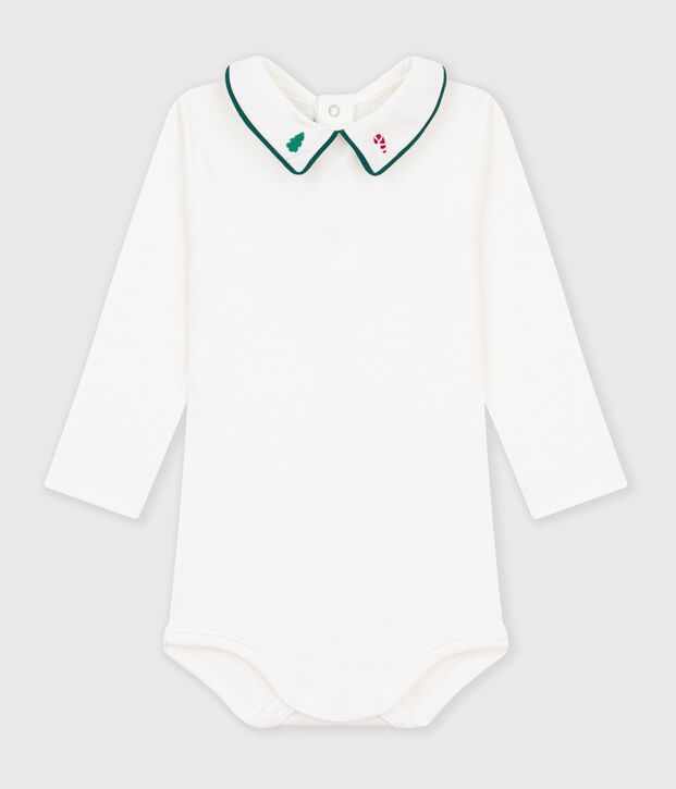 Baby-Body aus einfarbiger Baumwolle mit besticktem Kragen weiss