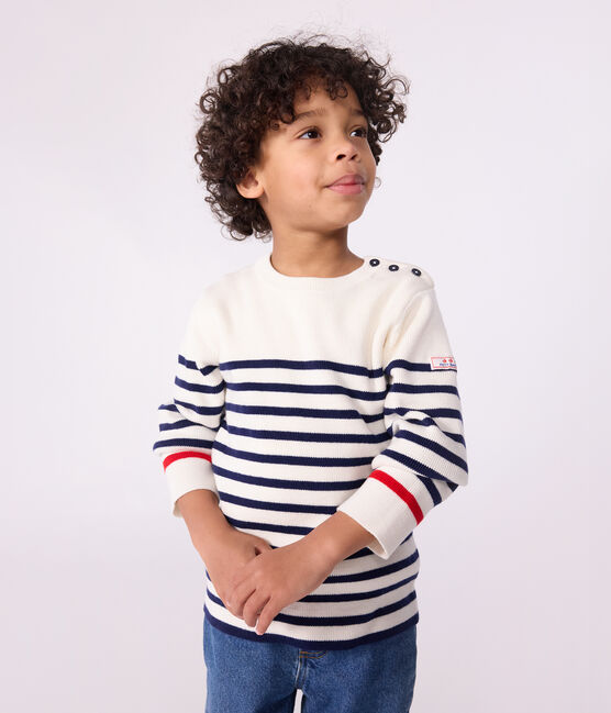 Kinder-Pullover aus Wolle und Baumwolle mit Streifen blau MARSHMALLOW/ SOIR