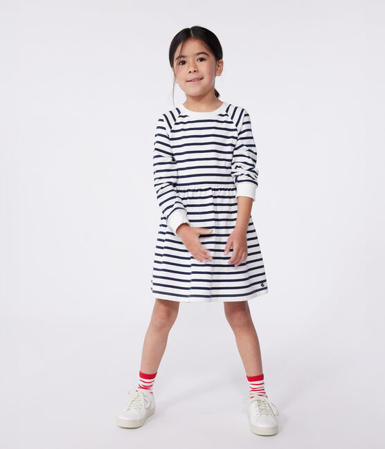 Langärmeliges Kinder-Kleid aus Baumwolle mit Streifen weiss MARSHMALLOW/blau SMOKING