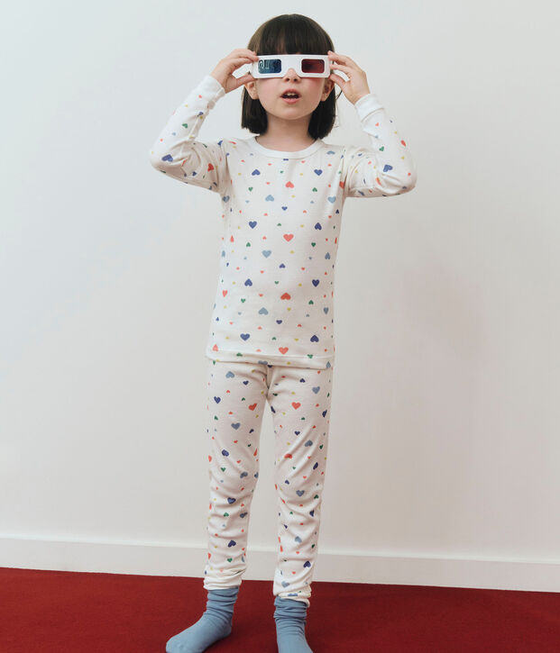 Baumwollpyjama f&uuml;r Kinder mit Herzchenmuster, sehr figurbetont weiss/vielfarbig