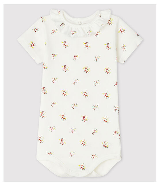Kurzärmeliger Baby-Body mit Halskrause weiss MARSHMALLOW/weiss MULTICO