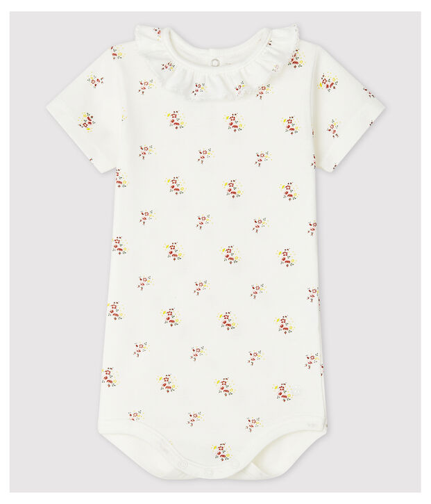 Kurz&auml;rmeliger Baby-Body mit Halskrause weiss/vielfarbig