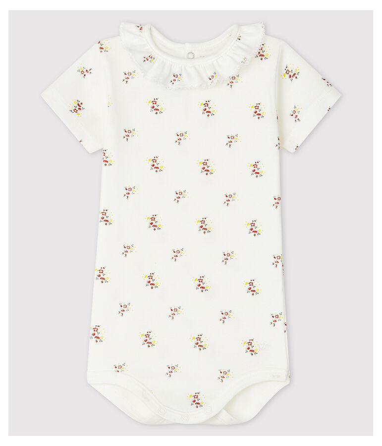 Kurz&auml;rmeliger Baby-Body mit Halskrause weiss MARSHMALLOW/weiss MULTICO