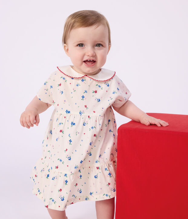 Kurz&auml;rmeliges Babykleid aus Baumwolle und dazu passender Bloomer mit Blumenmuster weiss/vielfarbig