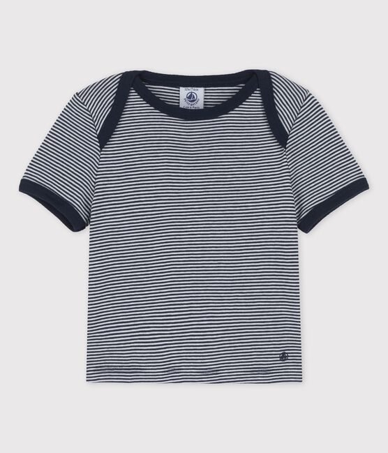 Kurzärmeliges Baby-T-Shirt aus Bio-Baumwolle mit Ringelstreifen blau SMOKING/weiss MARSHMALLOW