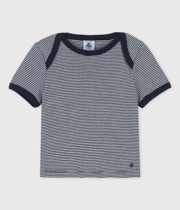 Kurz&auml;rmeliges Baby-T-Shirt aus Bio-Baumwolle mit Ringelstreifen blau/weiss