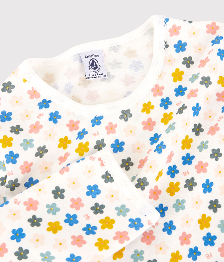 Kinderpyjama aus Baumwolle mit phosphoreszierenden Blumen f&uuml;r M&auml;dchen weiss MARSHMALLOW/weiss MULTICO