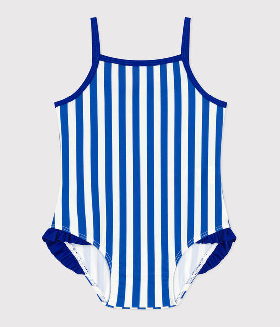 Einteiliger Baby-Badeanzug mit Streifenmuster und Rüschen blau SURF/weiss MARSHMALLOW