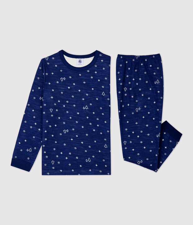 Kinderpyjama im Jacquard-Stil aus Wolle/Baumwolle mit Schneeflockenmotiv blau/weiss