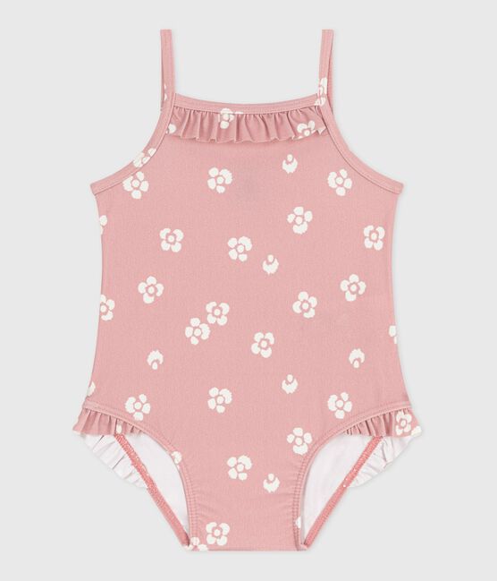 Einteiliger Baby-Badeanzug mit Rüschen und Blumenmuster rosa CHARME/weiss MARSHMALLOW