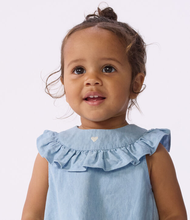 &Auml;rmellose Baby-Bluse aus besticktem Chambray-Baumwollstoff blau